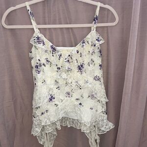 Lace Floral Ruffle Cami Top - White with Purple Floral